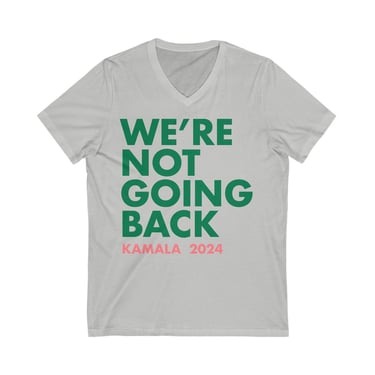 Kamala "Not Going Back" V-neck tee Pink/Green (Printify)