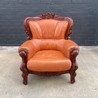Vintage American Hand Carved & Cognac Leather Lounge Chair, c.1970’s 