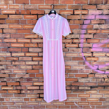 vintage 60s pink sheer striped lace nightgown / s small 