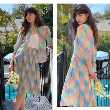 SILK 2 piece set RETRY PARIS made in Italy Skirt & Blouse Pastel hues 