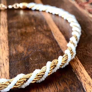 Vintage Trifari French Rope White Seed Bead Necklace Gold Tone Twist 16” Retro Fashion 1980s 