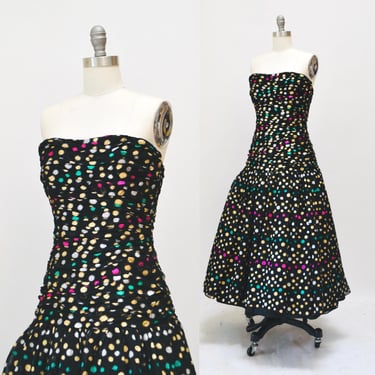 80s Vintage Metallic Party Dress Black Metallic Polka Dots Strapless Victor Costa//  Metallic 80s Prom Cocktail Dress Black Strapless dress 