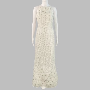 KAREN MILLEN Size 4 White Silver Sequined Spaghetti Straps Evening Gown