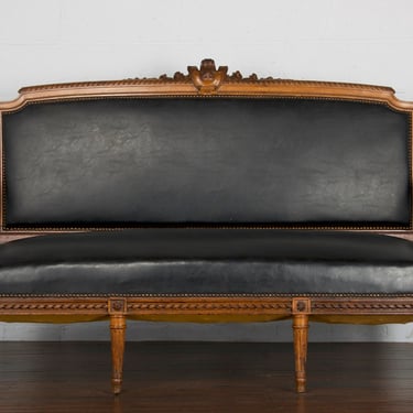 19th Century French Louis XVI Style Walnut Black Leather Settee 