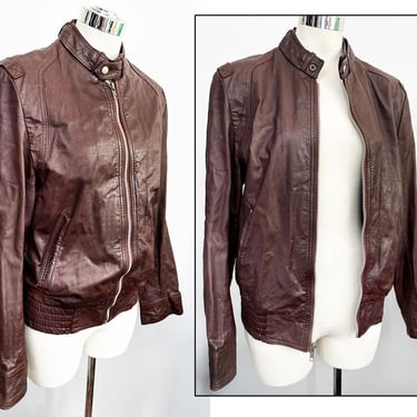 1970's Leather Jacket by OUI, Vintage Disco era, Fight Club Members Only style, Brown, Red, Maroon Bomber Jacket 1980's Baseball Short Coat 