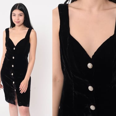 Velvet Mini Dress 90s Black Button Up Party Dress Bodycon Sheath Sweetheart Neckline 1990s Vintage Gothic Sleeveless Minidress Medium 7 