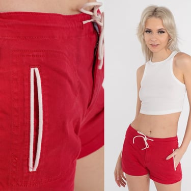 90s Tommy Hilfiger Shorts Red Athletic Shorts Plain Preppy Retro Mid Rise Waist Vintage Basic Summer 1990s Drawstring Extra Small xs 