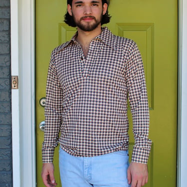 Vintage 1970s Montgomery Ward Tunic Shirt, Medium Men, brown white blue check, long sleeves 