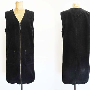 90s Black Corduroy Sheath Shift Dress S - Vintage 1990s Zip Front Sleeveless Pinafore Dress - Simple Plain Minimalist Fine Wale Cord Drress 