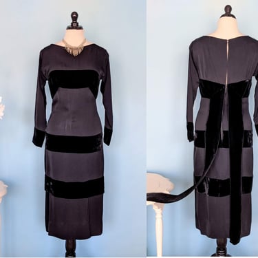 Vintage 50s Black Fitted Dress, 1950s Rayon Long Sleeve Wiggle Dress 