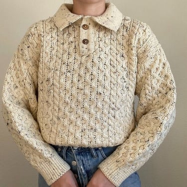 Vintage Irish Cream Henley Chunky Knit 100% Wool Fisherman Oversized Sweater 