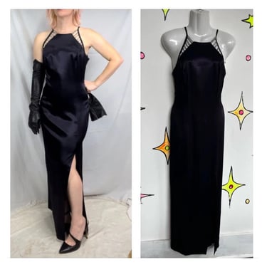 Vintage 90s Y2K | Purple Satin Full Length Formal Dress with Slit | Size 6-8 