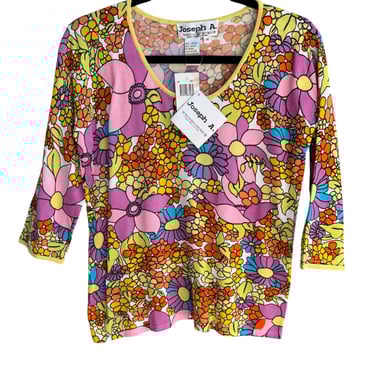 Joseph A Floral 3/4 Sleeve Scoop Neck Psychedelic Knit Shirt Blouse Top New M
