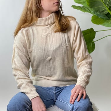Vintage White Angora and Lambswool Turtleneck Sweater, Size Small 