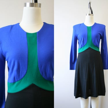 1980s Linda Lewis Wool Color Block Dress 