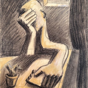 WPA Era Charcoal Drawing of Modernist Figure at Desk - Mystery Artist - Midcentury Artwork- Surreal Cubist Style - Cool Vintage Artwork 