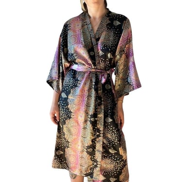 Vintage 1980s Womens Paisly Silky Kimono V Neck Long Robe Sz L 