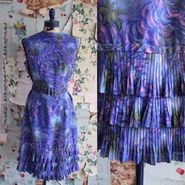 1950s 1960s Blue Watercolor Floral Tergal Ruffle Hem Shift Dress. Medium/Large. By Copperhive Vintage. 