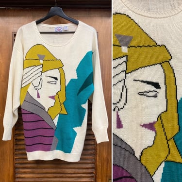 Vintage 1980’s Cartoon Face Portrait New Wave Knit Sweater, 80’s New Wave, Vintage Knit Top, Vintage Pullover, Vintage Clothing 
