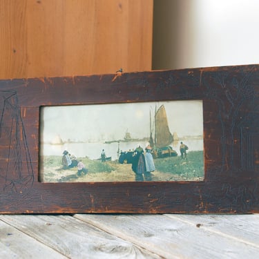 Vintage pyrography frame with nautical scene print / wood pyrography art / burnt wood folk art / antique Flemish carved wood framed picture 
