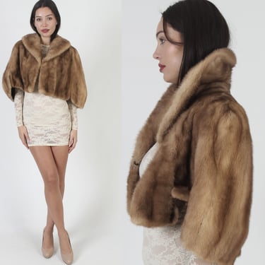 Autumn Haze Mink Fur Stole, Natural Brown Real Shrug Wrap, Vintage 1960's Authentic Wedding Cape With Pockets 