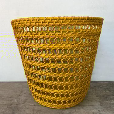 Mid Century Wicker Rattan Waste Basket, Yellow Boho Bathroom, Bedroom Trash Basket, Woven Wicker 