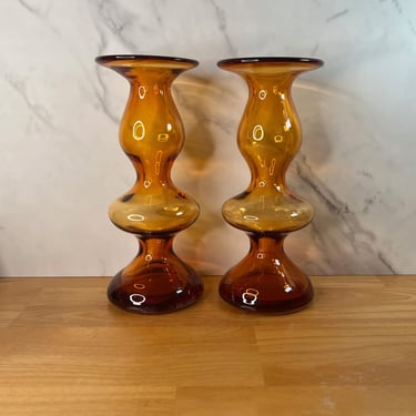 Handblown Amber Ombre Art Glass Vases - Set of 2. Unique and Beautiful! 
