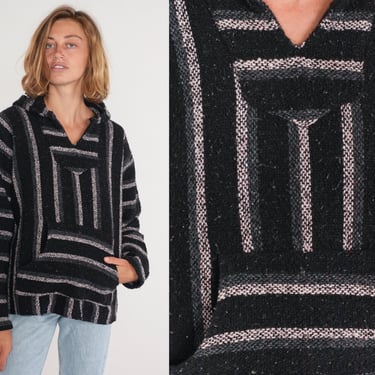 Baja Hoodie 90s Mexican Black Grey White Striped Drug Rug Sweatshirt Hippie Sweater Hooded Blanket Bohemian Kangaroo Pocket 1990s Medium M 