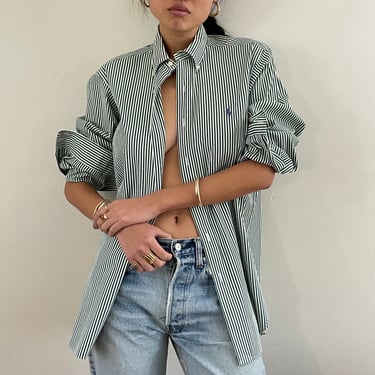 90s Ralph Lauren shirt / vintage white green pinstripe polished cotton button down oversized boyfriend menswear collared shirt | L 