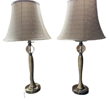 Pair Glass Ball Brushed Nickel Table Lamps w Gorgeous Shades EK221-162