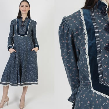 Mandarin Gunne Sax Dress, Velvet Tiny Floral Calico Print, Jessica McClintock Cottagecore Midi 