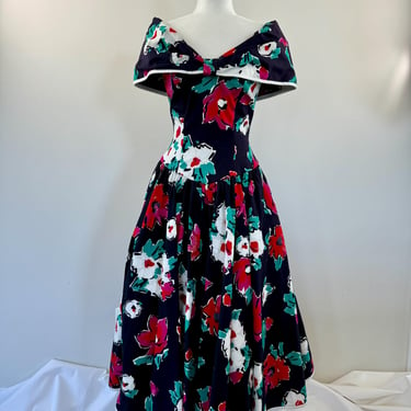 1980s A.J. Bari Floral Drop Waist Dress 