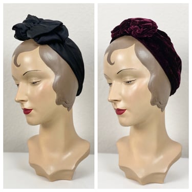 Vintage 1940s snood, hat, hair piece, silk velvet, rayon jersey, victory rolls, WWII era, 2 piece lot 