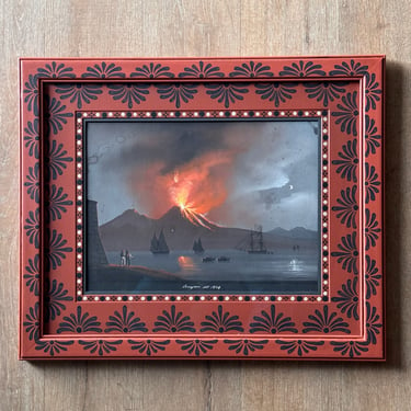 Medium 19th C. Italian Gouache of the View of Vesuvius II Circa 1830 in Gusto Painted Frame and Mat