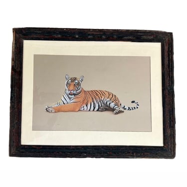 Free Shipping Within Continental US - Possibly Mixed media original Tiger Art Piece. Matted and framed in Antique frame. 