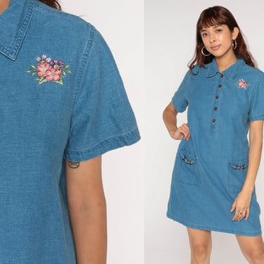 90s Chambray Dress Floral Embroidered Mini Jean Vintage 1990s Button Up Short Sleeve Blue Short Sleeve Collar Shift Linen Cotton Medium 