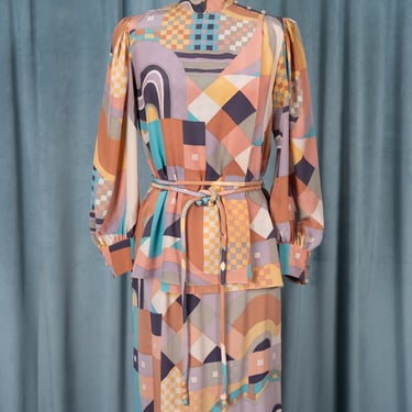 RARE Vintage 1980s Mary McFadden for Jack Mulqueen 100% Silk Abstract Print Blouse and Pencil Skirt Set with Wrap Belt 