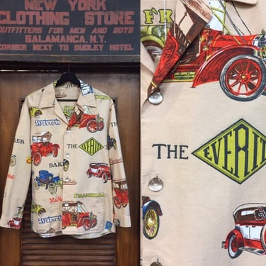 Vintage 1950’s/60’s Antique Cars Pop Art Print Shirt Jacket, Rockabilly, Vintage Shirt Jacket, Vintage Pop Art, Vintage Clothing, Antique 