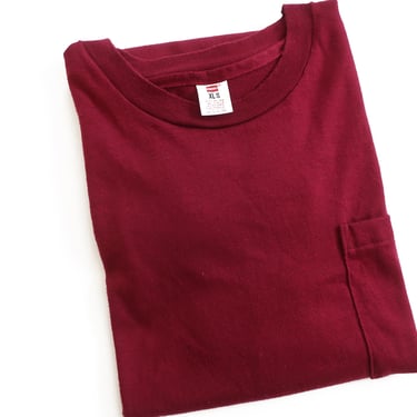 pocket t shirt / 70s t shirt /  1970s Hanes cotton burgundy blank pocket t shirt single stitch Medium 