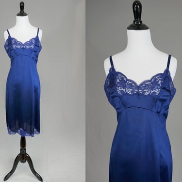 70s Blue Slip - Lace Trim Full Nylon Dress Slip - Wonder Maid Non-Cling - Vintage 1970s - Size 36 