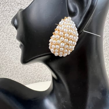 Vintage Marvella clip on earrings tiny faux white pearls cluster on golden tones setting 