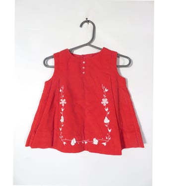 Vintage 60s/70s Kids Red Velvet Embroidered Holiday Dress Size 6M 