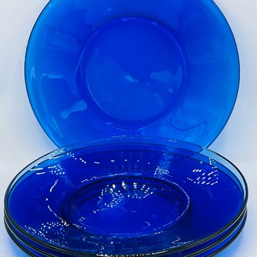 Vintage (4 PC) Cobalt  Blue Glass 8" Salad or Desert Plates Chip Free Condition 