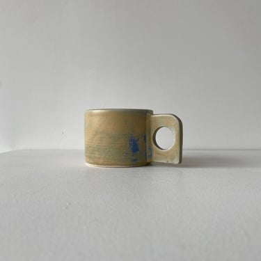 Handmade porcelain blue green angular handle mug 