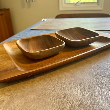 Vintage Hand Carved Walnut or Afromosia Snack Tray and Bowl Set 