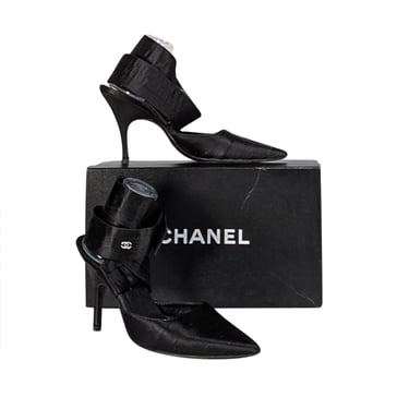 Chanel - Black Satin Wrap Around Strappy Heels Sz 9