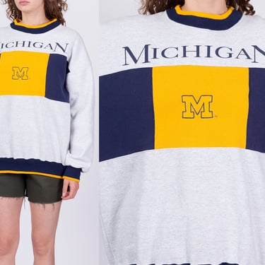 90s University Of Michigan Sweatshirt - Men's Large | Vintage Heather Grey Color Block Collegiate Graphic Pullover 