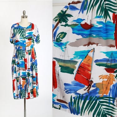 Vintage 90s Tropical Nautical rayon novelty print Sailboat windsurfing midi dress 