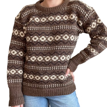 Vintage Womens Hand Knit Ski Irish 100% Wool Chunky Brown Fair Isle Sweater XL 