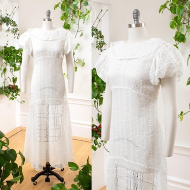 Vintage 1930s Wedding Gown | 30s Sheer White Eyelet Puff Sleeve Maxi Art Deco Tea Lawn Dress | small/medium 